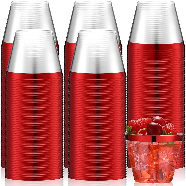 Lounsweer 100 Pcs 9oz Rimmed Plastic Cups Christmas Clear Cocktail Cups Heavy Duty Disposable Wine Glasses for Birthday Bridal Shower Baby Shower Holiday Celebrations(Red) - Product Image