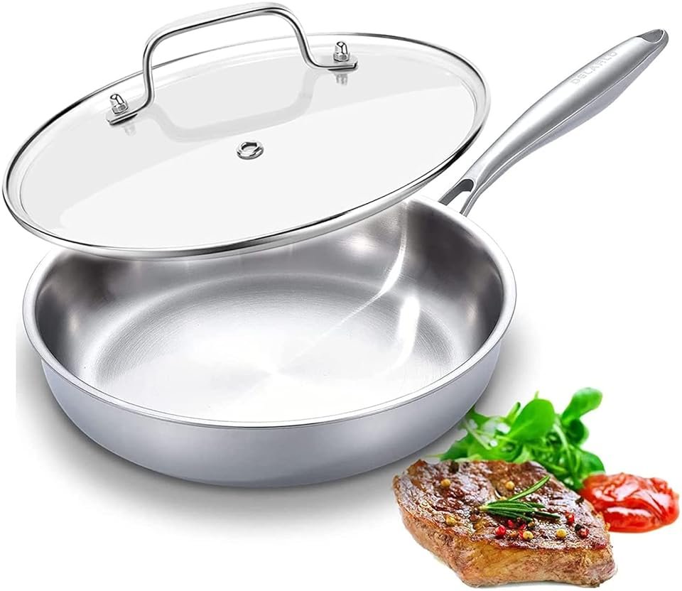 DELARLO Tri-Ply Stainless Steel Pan, 18/10 Frying Pan, Oven Safe Up to 600°F, Nontoxic Cookware, Compatible with All Cooktops Skillet, Durable, Fast Even Heat Fry Pan,12 inch Pan with Glass Lids - Product Image