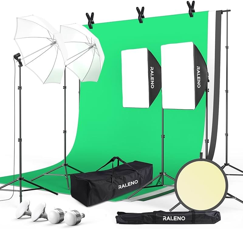 RALENO Photography Lighting Kit, 8.5x10ft Photo Backdrops Stands with 6x9ft Green Screen, 50W LED Bulbs, 5500 K, 97CRI, Umbrellas&Softbox Lighting kit for Studio Portrait Product Photography - Product Image