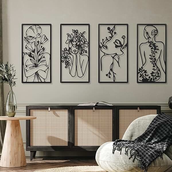 Cindeer 4 Pcs Metal Wall Art Decor Minimalist Abstract Woman Wall Art Line Drawing metal line art Home Hanging Art Decor for Bedroom Kitchen Bathroom Living Room(Fresh,Black) - Product Image