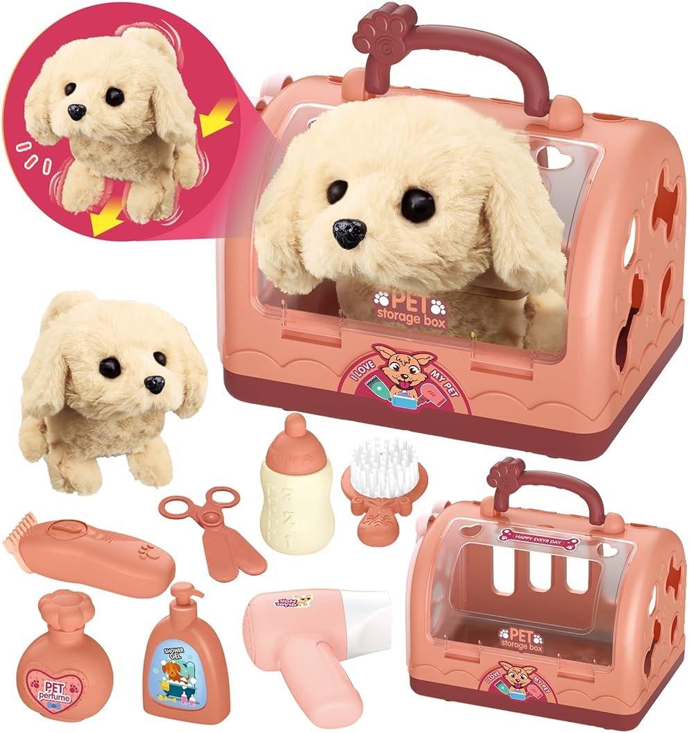 TEUVO Pet Care Play Set Robot Dog Toys for Kids 12Pcs Puppy Dog Toy Pet Walk Grooming Vet Toys Set with Interactive Electric Dog Plush & Cage Pretend Play Gifts for Girls Toddlers 3 4 5 6 7 8 Year Old - Product Image