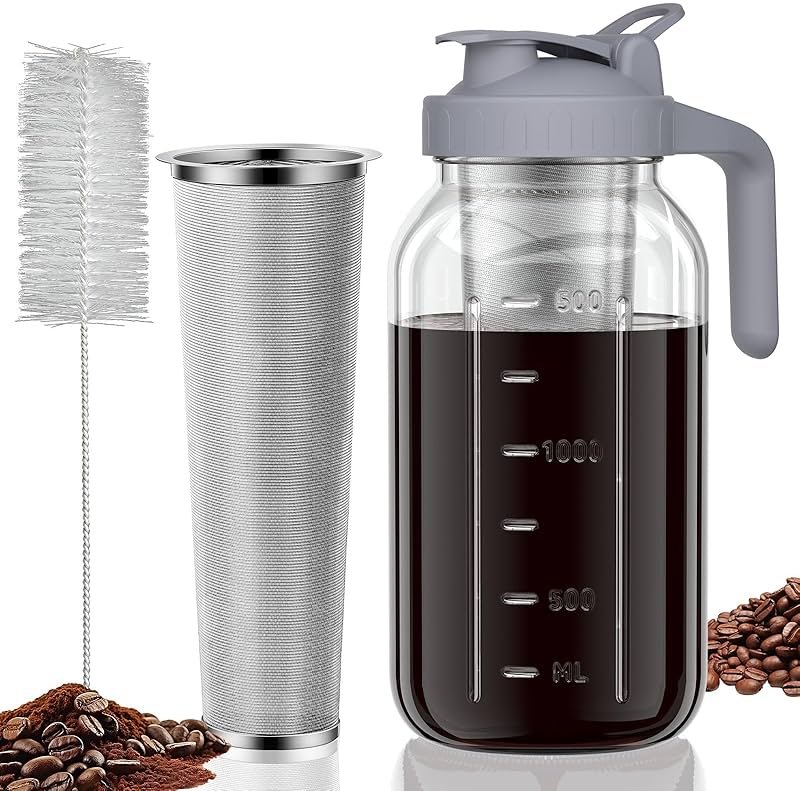 JunVpic Cold Brew Coffee Maker Jar - 64oz Wide Mouth,LeakProof,Heavy Duty Glass Mason Pitcher with Spout Lid,Handle & Stainless Steel Filter for Iced Coffee,Lemonade,Ice Tea & Fruit Drinks - Product Image