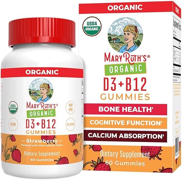 MARYRUTH'S Organic Vitamin D3 + B12 Gummies for Ages 4+ | Bone Health | Immune Support | Energy Metabolism | Cognitive Function | Vegan | Non-GMO | Gluten Free | 60 Servings | 2 Month Supply - Product Image