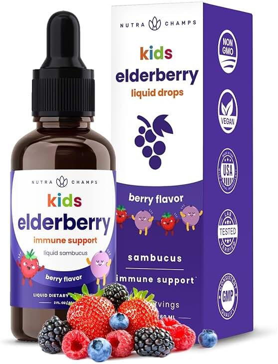NutraChamps Black Elderberry for Kids Liquid Drops, 10:1 Extract Sambucus Elderberry Syrup for Kids, Sugar-Free European Elderberry Drops Berry Flavor, Immune Support, 4 Month Supply - Product Image