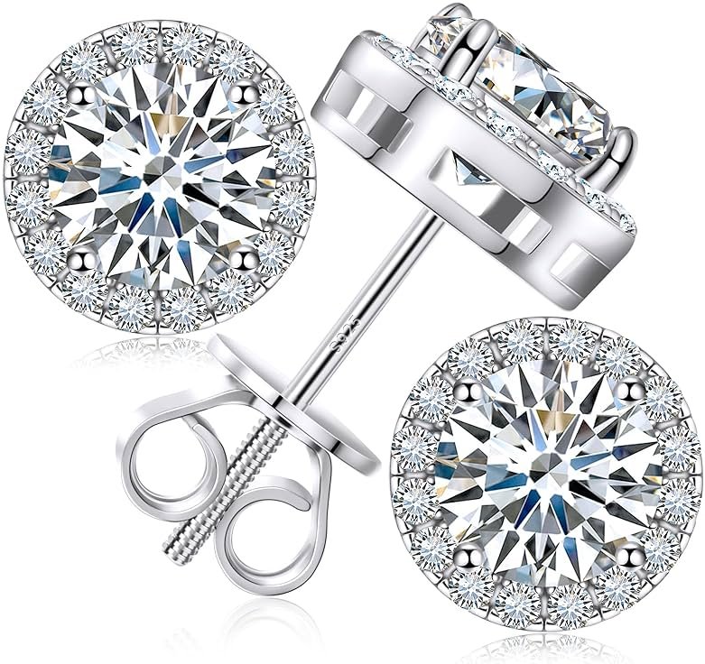 Moissanite Halo Earrings Stud Screw Back 0.2-8.0ct 3-10mm 18K White Gold Plated 925 Sterling Silver Lab Round Cut Brilliant Moissanite Halo Earrings for Women Men - Product Image