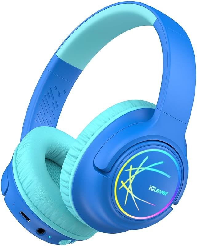 iClever Kids Bluetooth Headphones with LED Lights, 43H Playtime, Type-C Fast Charging, BTH18 Safe Volume 74/85dBA, Bluetooth5.3,Toddler Headphones Aux Cord for iPad/Tablet/Travel/School, Blue - Product Image