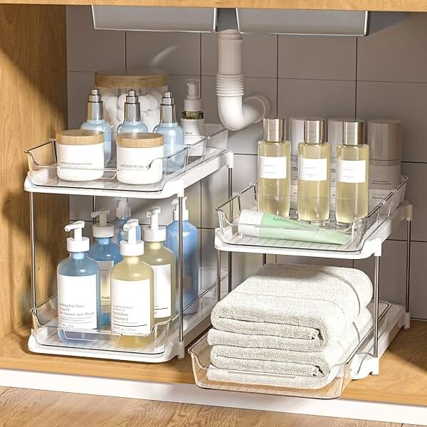 Delamu 2-Tier Multi-Purpose Bathroom Under Sink Organizers and Storage, Stackable Kitchen Pantry Organization, Pull Out Medicine Cabinet Organizer with Movable Dividers, White, 2 Pack - Product Image