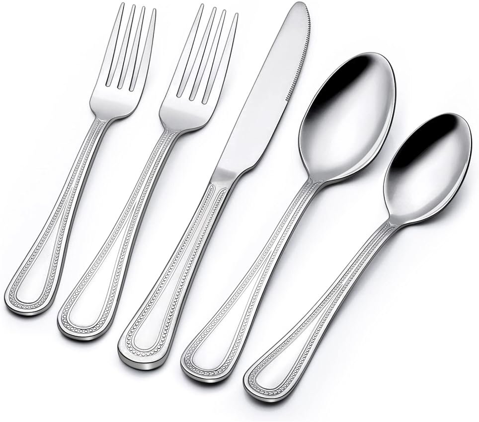 40 Piece Silverware Set for 8, Terlulu Stainless Steel Flatware Set, Mirror Polished Cutlery Set Utensil Set, Tableware Include Forks Spoons Knives for Home Restaurant, Beaded Handle, Dishwasher Safe - Product Image