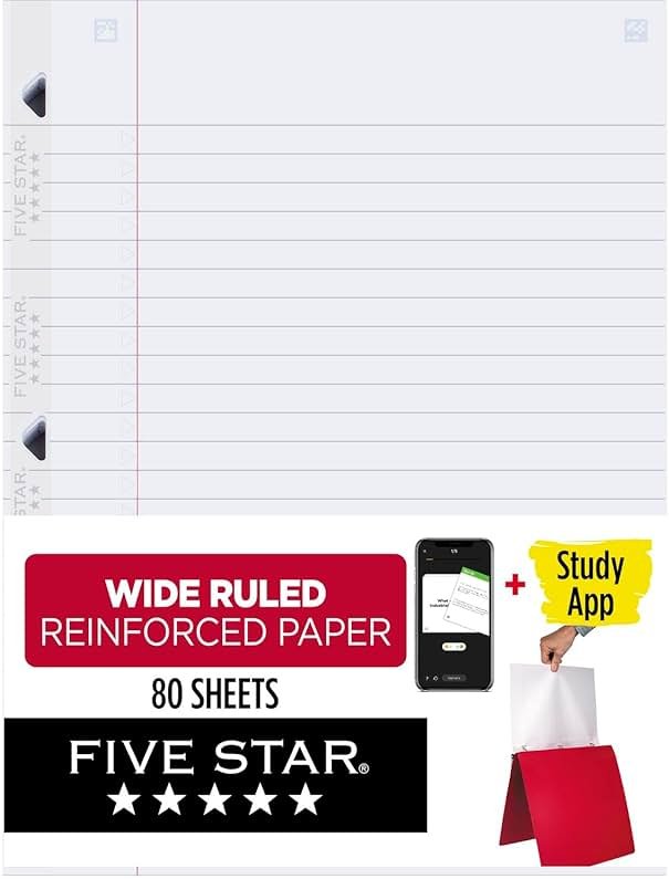 Five Star Loose Leaf Paper + Study App, Wide Ruled Filler Notebook Paper, Reinforced, Fights Ink Bleed, 8" x 10-1/2", 80 Sheets (150002) - Product Image