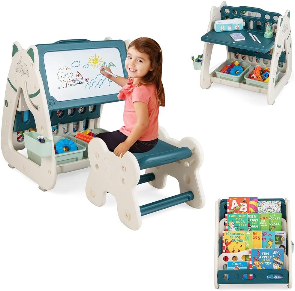 GLACER 3-in-1 Kids Art Easel w/Stool, Double-Sided Magnetic Dry Erase Board, Multi-Layer Book Rack, 2 Storage Baskets, 4 Colorful Markers, Adjustable Table & Chair Set for 1-5 Years Toddler (Green) - Product Image