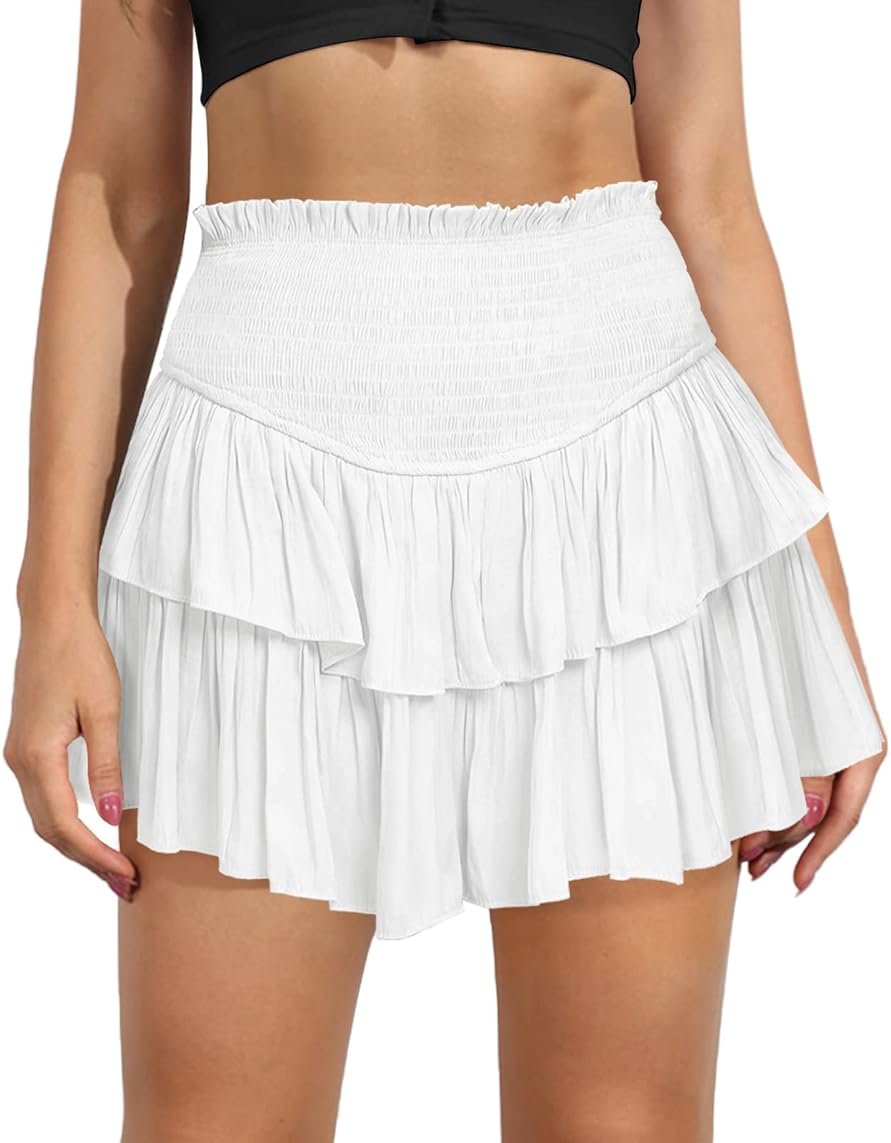 MIYIEONZ Women's Cute High Waist Ruffle Mini Skirt Layered Ruffle Hem Flared Flowy Casual Swing Beach Mini Short Skirt - Product Image