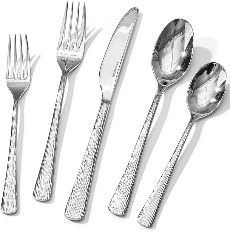KINGSTONE Hammered Silverware Set, 20-Piece Flatware Set, 18/10 Stainless Steel Premium Cutlery with Unique Ripple Handles Design Mirror Polished - Dishwasher Safe - Product Image