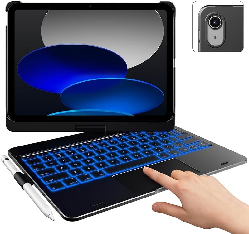 typecase Touch iPad 11th 10th Generation Case with Keyboard (11" 2025, A16 & 10.9" 2022) – 360° Rotatable, 11-Color Backlit, Multi-Touch Trackpad, Pencil Holder, Thin & Light – Black - Product Image