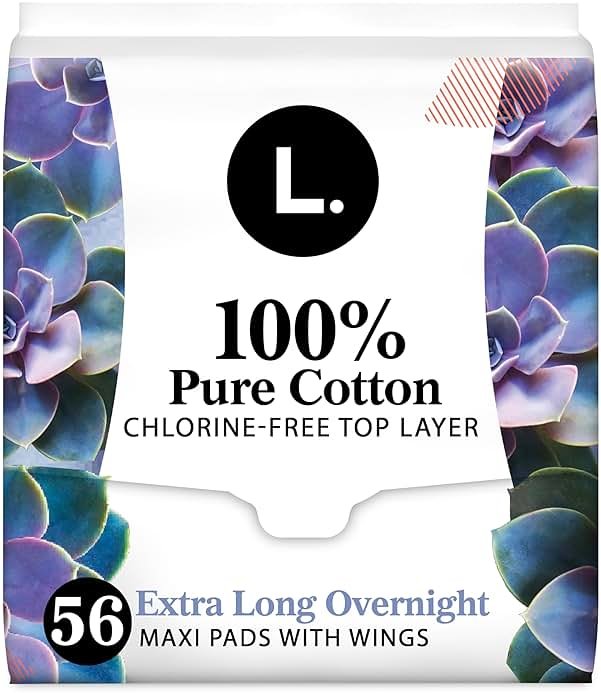 L. Extra Long Maxi Pads for Women, Overnight Absorbency, Organic Cotton Top Layer, Unscented Pads with Wings, 56 Count (2 Packs of 28) - Product Image
