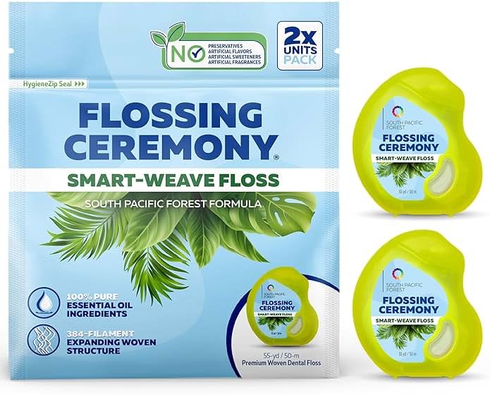 FlossingCeremony | Expanding Woven Dental Floss | Smart-Weave Floss | Vegan | Natural | Non-Toxic & PFAS Free | Eucalyptus & Manuka | Hilo Dental para Dientes | 55 Yards x 2 Units - Product Image