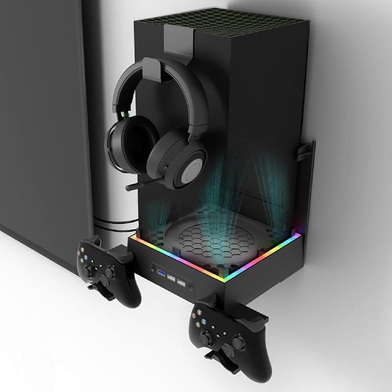 JDGPOKOO Wall Mount with Cooling Fan for Xbox Series X, 4 in 1 Wall Mount Kit for Xbox Series X, 3 Speed Low Noise Fan with RGB Light Strip & Touch Switch, 3 USB Port Controller & Headphone Holder - Product Image