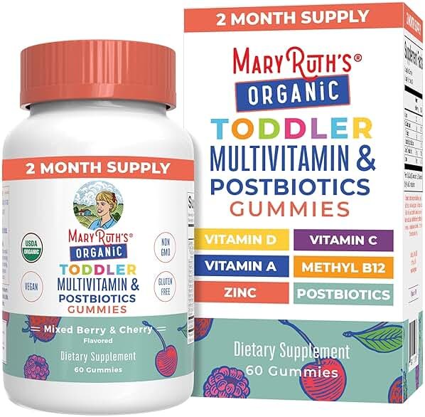MARYRUTH'S Organics Toddler Multivitamin Gummies + Postbiotics | USDA Organic | Vitamins for Kids Ages 2+ | Immune Support | Vitamin C | Vitamin D3 | Vitamin A | Zinc | Vegan | Non-GMO | 60 Servings - Product Image
