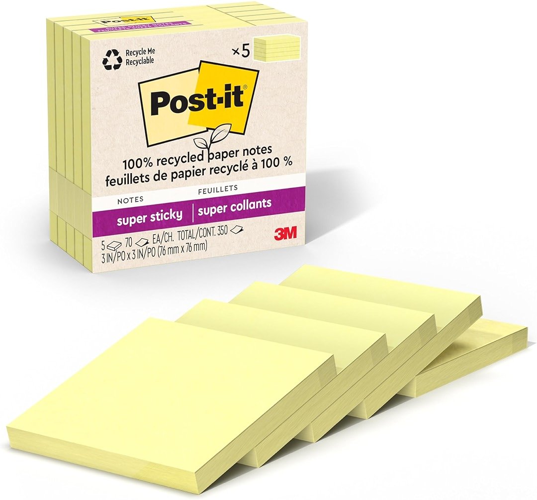 Post-it 100% Recycled Paper Super Sticky Notes, Canary Yellow, 3 in. x 3 in., 5 Sticky Note Pads, 70 Sheets per Pad, Back to School Supplies and Office Products - Product Image