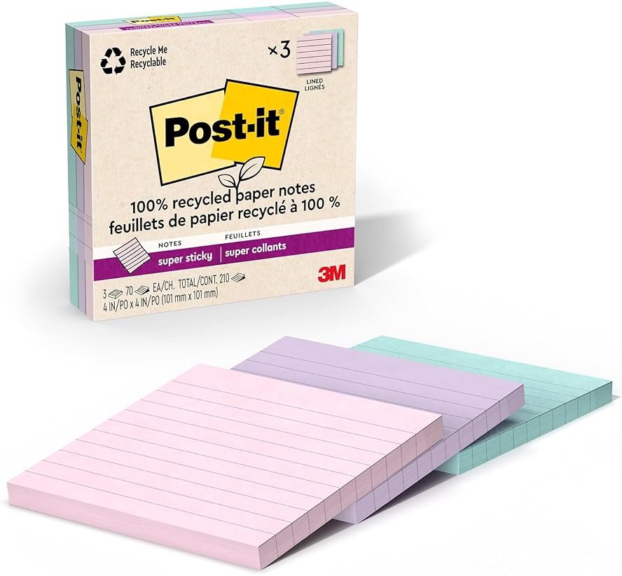 Post-it 100% Recycled Paper Super Sticky Notes, 4 in. x 4 in., 3 Pads, 70 Sheets per Pad, Wanderlust Pastels, Back to School Supplies and Office Products - Product Image