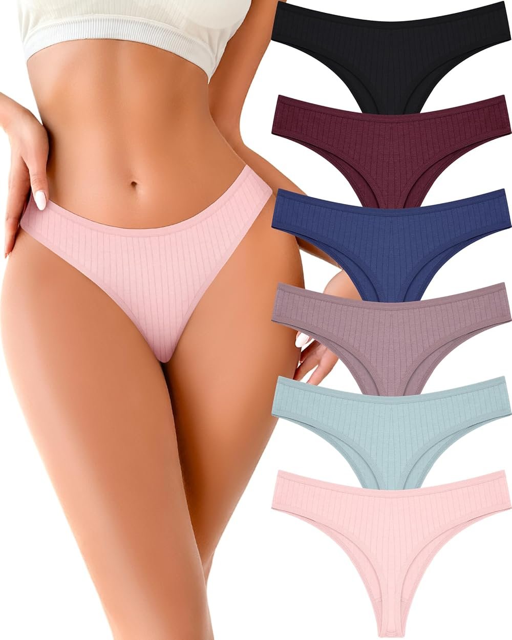 FINETOO Cotton Thongs for Women Soft Low Rise Sexy Thong Ladies Panties Womens Underwear 6 Pack XS-XXXL - Product Image