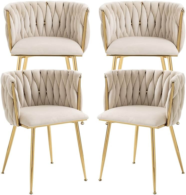 Nrizc Velvet Dining Chairs Set of 4, Woven Upholstered Dining Chairs with Gold Metal Legs, Modern Accent Chairs for Living Room, Dining Room, Kitchen - Product Image