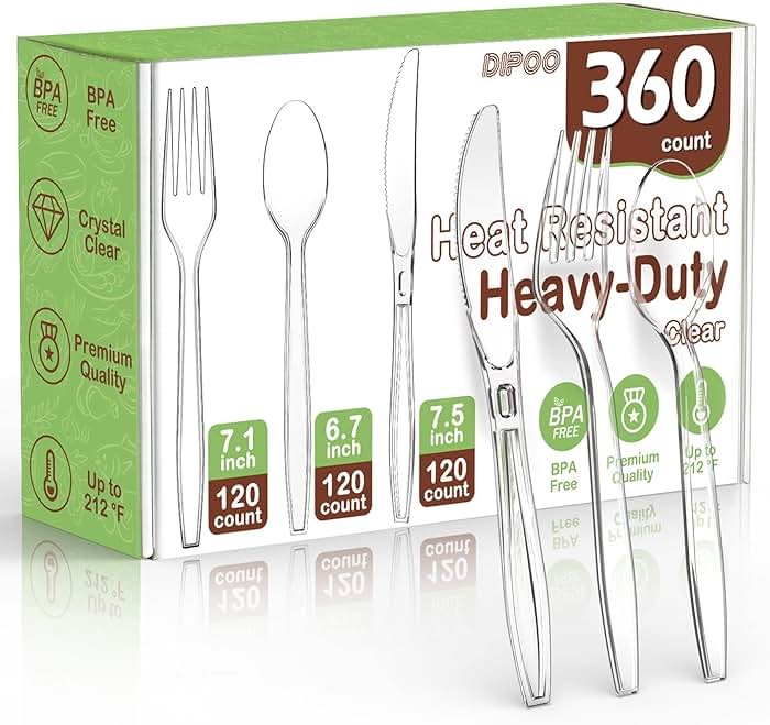 360 Count Plastic Silver Ware Heavy Duty, 120 Forks, 120 Spoons, 120 Knives, Heat Resistant & BPA Free Disposable SilverWare, Disposable Cutlery set, Premium Clear Utencils for Party Supply - Product Image