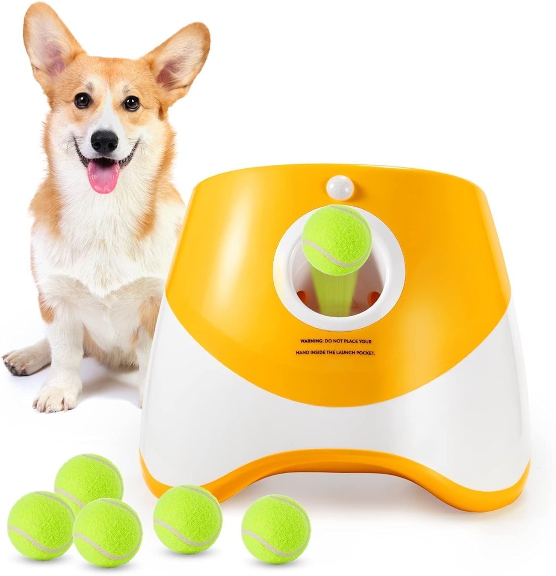 MEKAPLE Dog Ball Thrower Launcher, Automatic Launcher with 6 Mini Tennis Balls, Interactive Dog Toys Indoor Outdoor Ball Thrower Machine for Small Dogs with 3 Distance Settings - Product Image