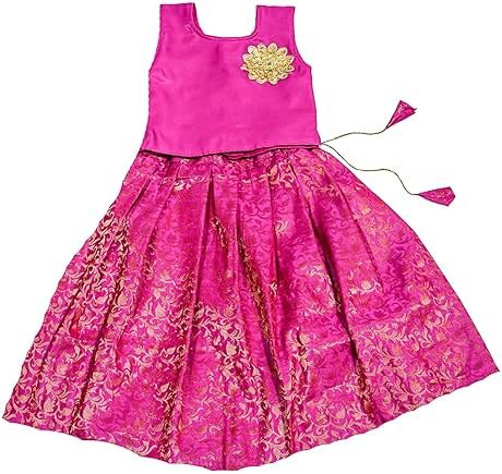 TRADITION INDIA Green Dupion Silk Lehenga Choli Set, Kids Sleeveless Lehenga Choli - Product Image
