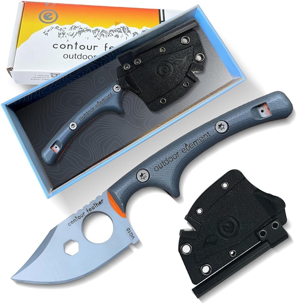 OUTDOOR ELEMENT Contour Feather Adventure Survival Knife - Fixed Blade, Hunting, Camping Knife with Fire Starter, Sharpener, Whistle, Hex Driver, Sheath - Full Tang, VG10 Steel, Belt Clip - Product Image