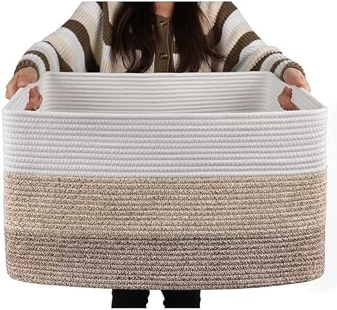 OIAHOMY Large Blanket Basket, 22”x17”x12” Rectangle Woven Baskets, Nursery Blanket Storage Living Room, Toy Storage With Handle, Large Baskets for Organizing-Gradient Yellow - Product Image