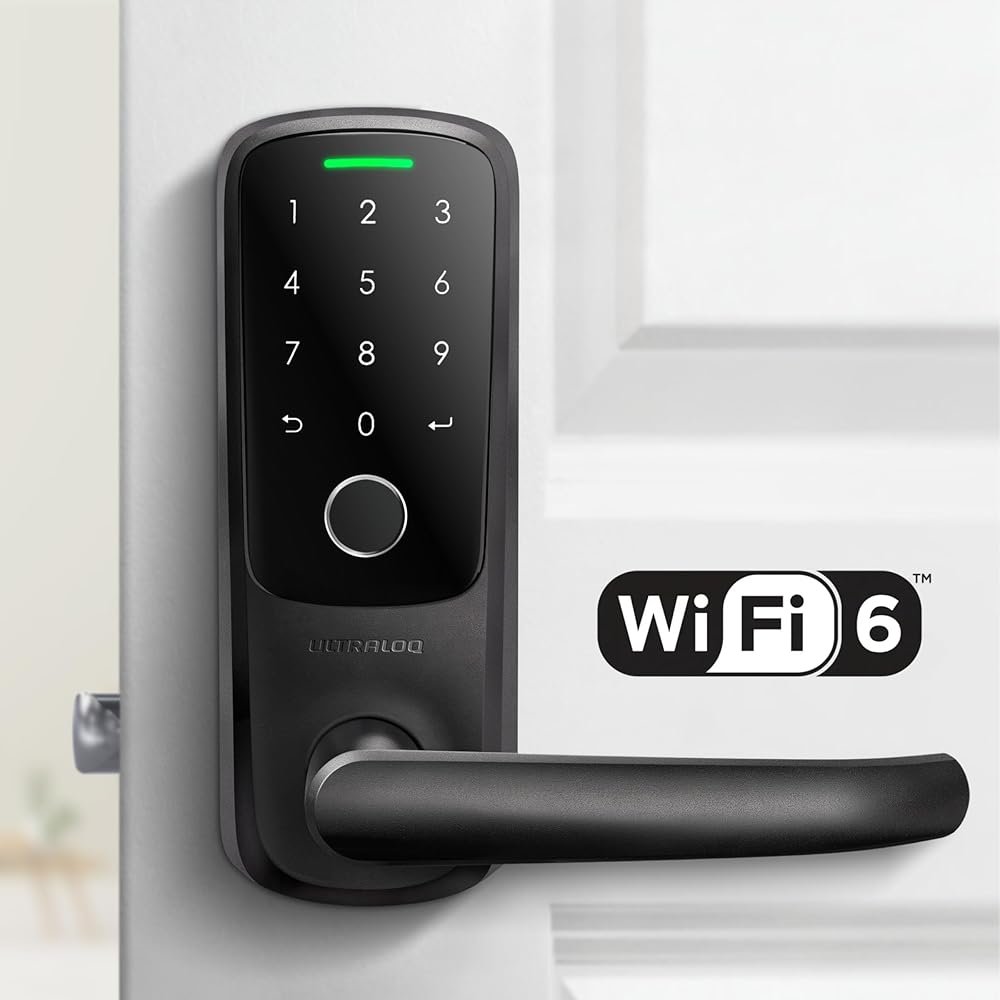 ULTRALOQ Latch 5 Smart Lock, World's First WiFi Smart Lever Lock, Auto-Lock, Touchscreen Digital Keypad, Fingerprint Door Handle for Home Front Door, Rental, Office, App Remote Control, Black - Product Image