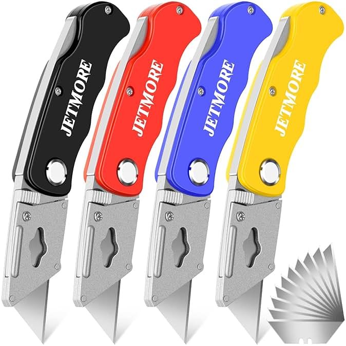 JETMORE 4 Pack Folding Utility Knife Box Cutter Mat Cutter with 10 Mat Cutter Blades Cutters for Mat Board Cardboard Home Office Warehouse Durable Razor Knife Box Opener with Clip Navajas de Trabajo - Product Image