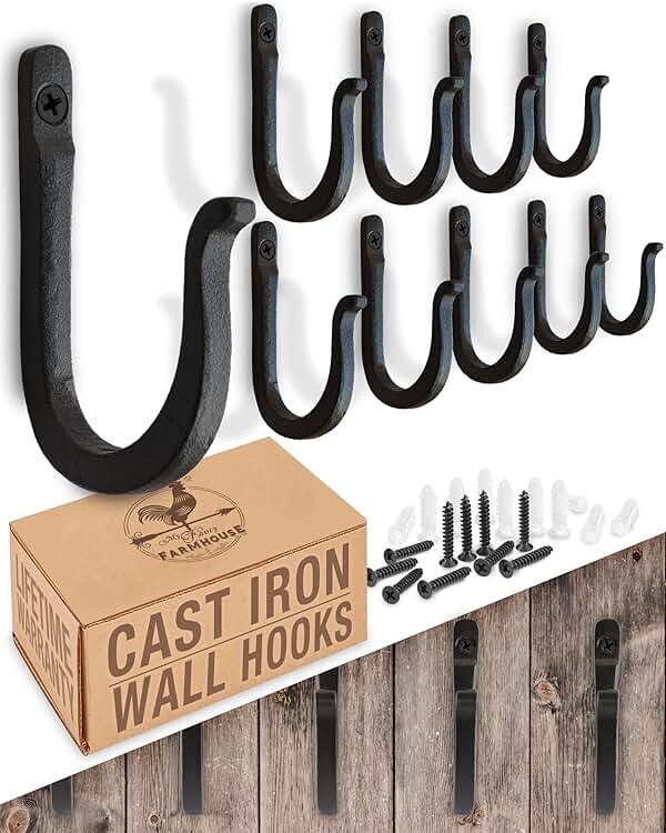Railroad Spike Cast Iron Hooks (10 Pack) Handmade Blacksmith, Wall Mounted Farmhouse Decorative Hooks, PowderCoated for Interior or Exterior Use, Rust Proof for Hanging Coats, Bags or Pots (Black) - Product Image