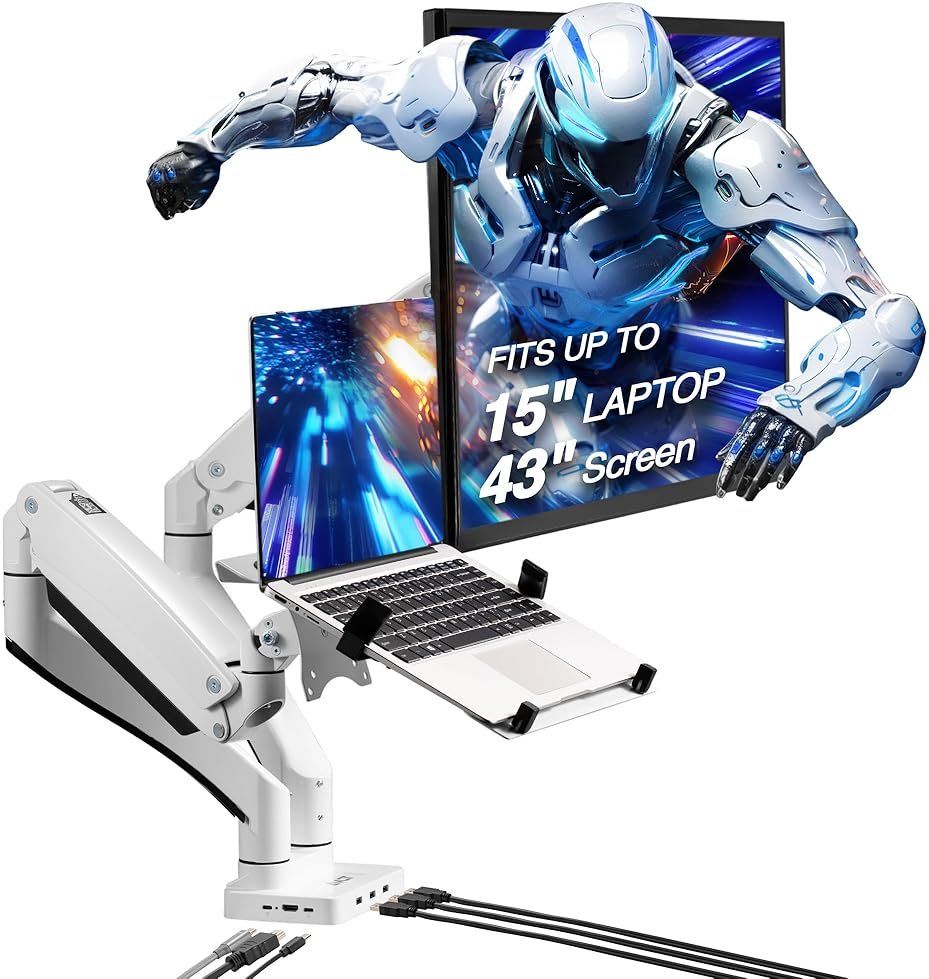 AVLT Dual 17”-43" Monitor Arm Desk Mount with 15" Laptop Tray and USB-C&A Docking Station 5Gbps, HDMI 4K60Hz, Ethernet, 100W PD, Fits Two Flat/Curved Monitor - White - Product Image