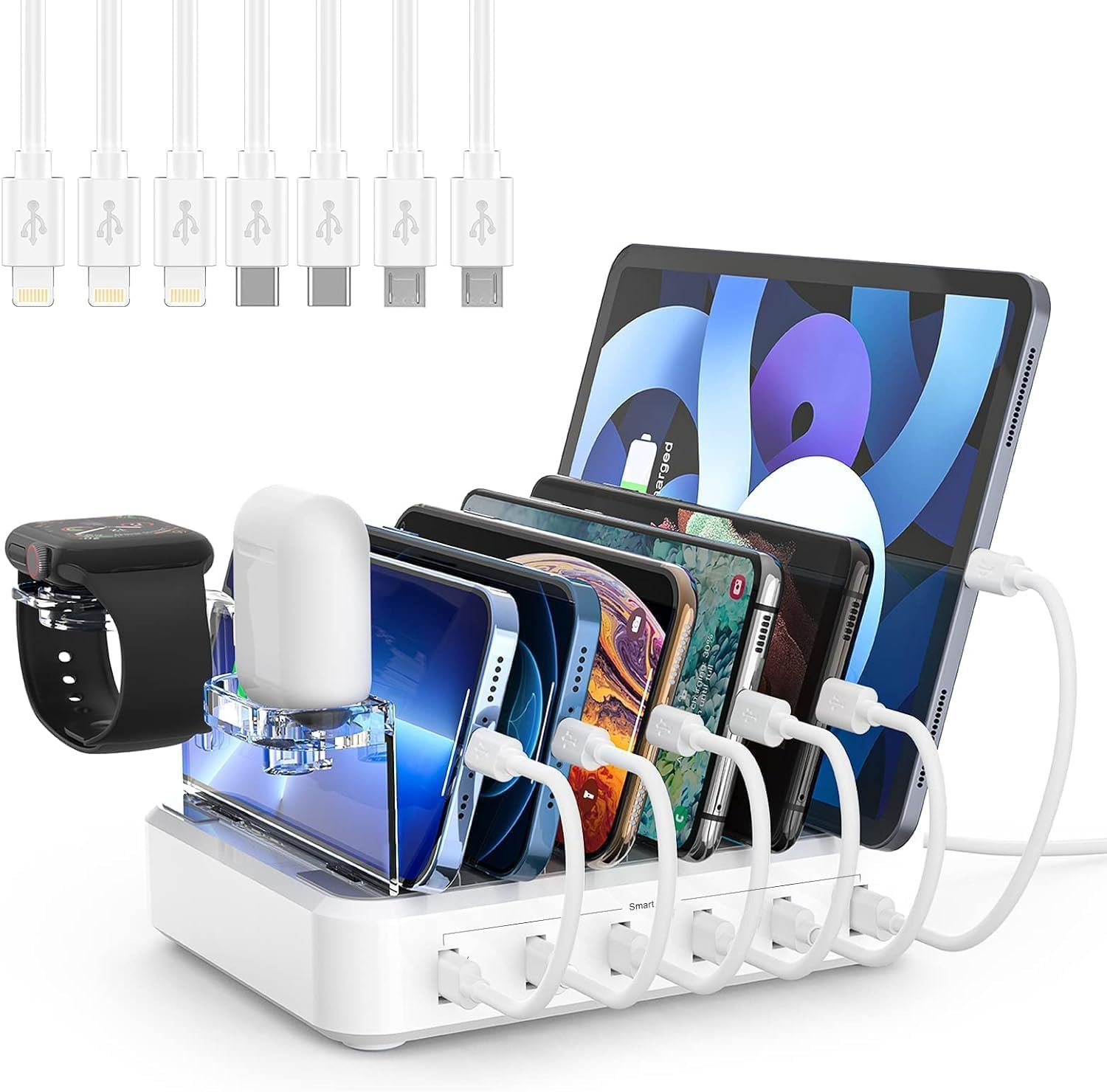Charging Station for Multiple Devices,60W 6 Port Charger Station with 7 Mixed Charging Cables,USB Charging Dock,Compatible with Cellphone,Tablet, Kindle, iPhone iPad and More (White) - Product Image
