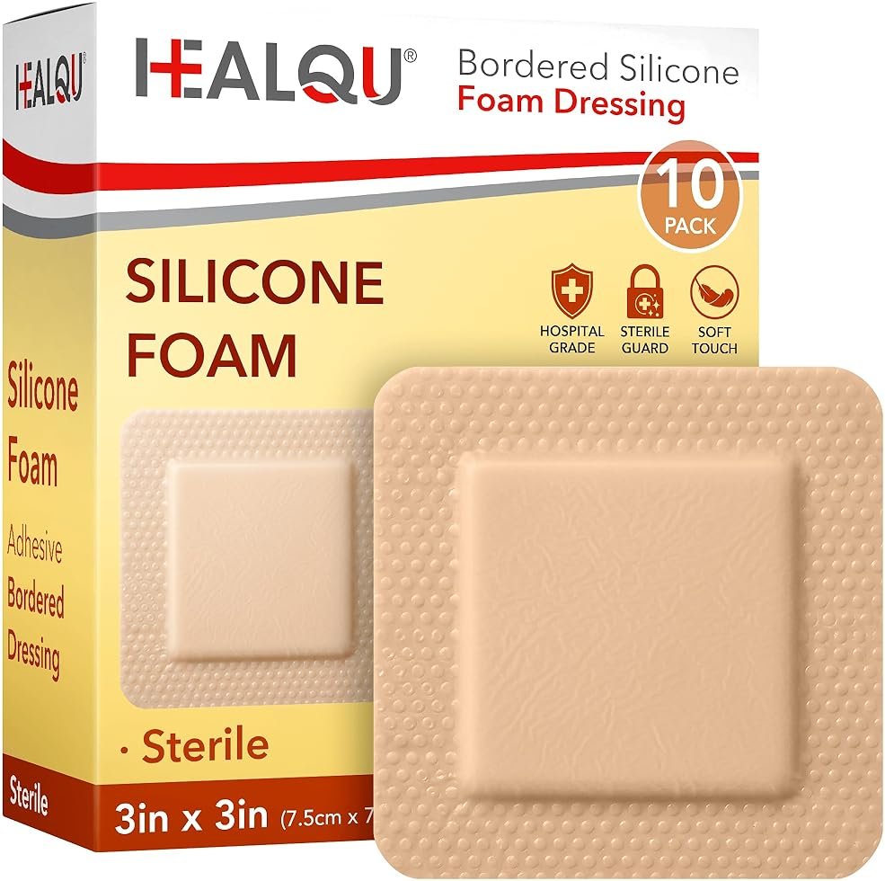 HEALQU Silicone Foam Dressing with Border 3x3 inch, Box of 10 - for Optimal Wound Care-Multi-Layered Super Absorbent Core & Breathable Skin Adhesive Waterproof Pads for Burns, Pressure Ulcers. - Product Image