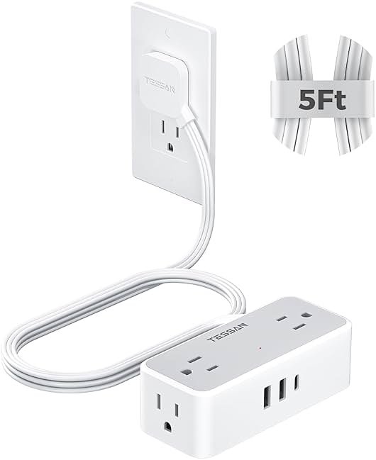 TESSAN Flat Plug Extension Cord 5 FT, Surge Protector Power Strip with 4 AC Outlets 1 USB C and 2 USB A Ports, 900 Joules Protection, Multiple Wall Outlet Extender Suitable for Office Dorm, Grey - Product Image