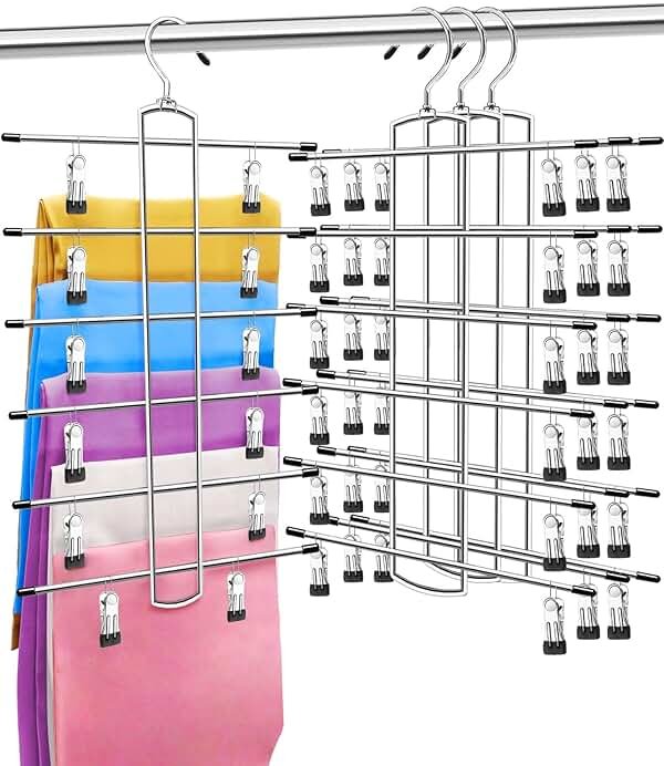 3 Pack Closet Organizers and Storage,6 Tiers Skirt Pants Hangers with Clips Space Saving for Home Organization and Storage,College Dorm Room Essentials for Girls Guys,Wardrobe Clothes Organizer - Product Image