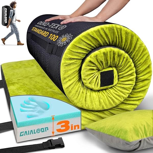 GAIALOOP 3 Inch Memory Foam Camping Mattress, Dual Layer Thick Sleeping Camp Pad for Car Tent Cot, Roll-Up Portable Glamping Floor Bed for Guests Sleepover - Product Image