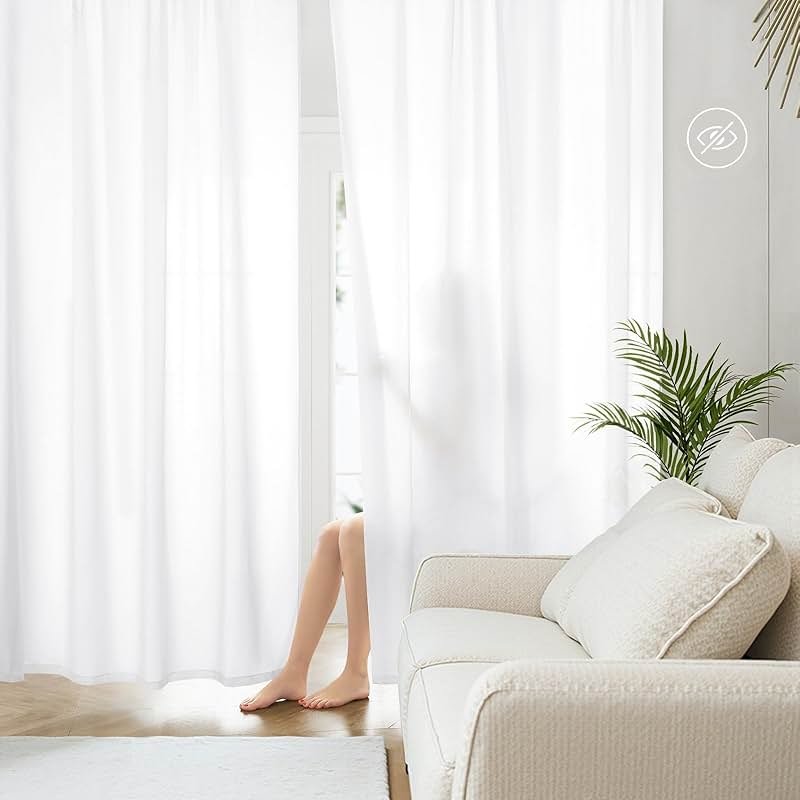 HOMEIDEAS Non-See-Through White Privacy Sheer Curtains 52 X 84 Inches Long 2 Panels Sheer Curtains Light Filtering Window Curtains Drapes for Bedroom Living Room - Product Image