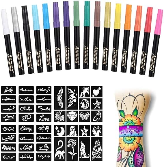 Anmmy Temporary Tattoo Markers for Skin, 16-Count Body Markers+77 Large Tattoo Stencils of Assorted Colors for kids and Adults, Flexible Brush Tip, Bright colors, Skin-Safe*, Cosmetic-Grade. - Product Image