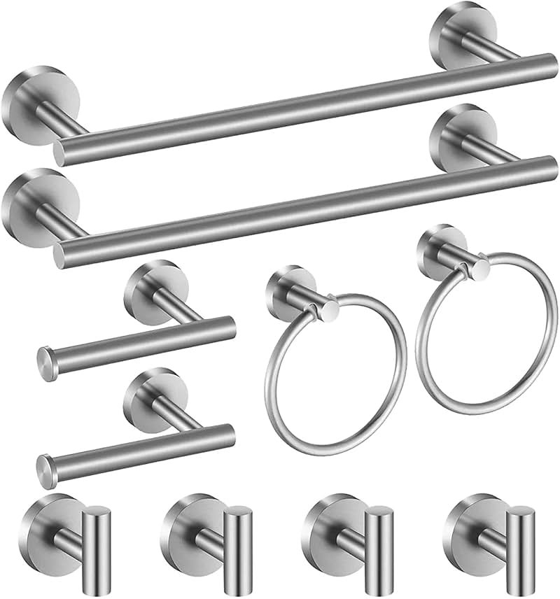 Hinmood Brushed Nickel Bathroom Hardware Set, 24 Inch Towel Bar Set 10 Pieces Bathroom Accessories Set Includes Includes 2 Packs 24 Inch Towel Bar, Towel Ring, Toilet Holder and 4 Packs Towel Hooks - Product Image