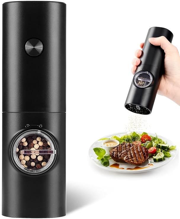 Gulex Electric Pepper Grinder or Salt Mill, Battery Powered Automatic Pepper Mill, Ceramic Grinder with Adjustable Coarseness, LED Light, One Hand Operation (1 pack) - Product Image