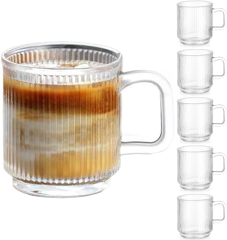 Qipecedm 6 PACK Premium Glass Coffee Mugs with Handle, 12 OZ Classic Vertical Stripes Glass Coffee Cups, Transparent Tea Cup for Hot/Cold Beverages, Glassware Set for Americano, Latte, Cappuccino - Product Image