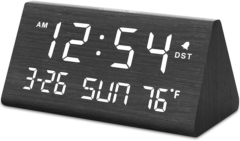 DreamSky Digital Alarm Clocks for Bedrooms - Wooden Desk Clock with Date, Day of Week, USB Port, Temperature, Dimmer for Bedside Table, Living Room, Office, Adjustable Volume, Auto DST, Wood Decor - Product Image