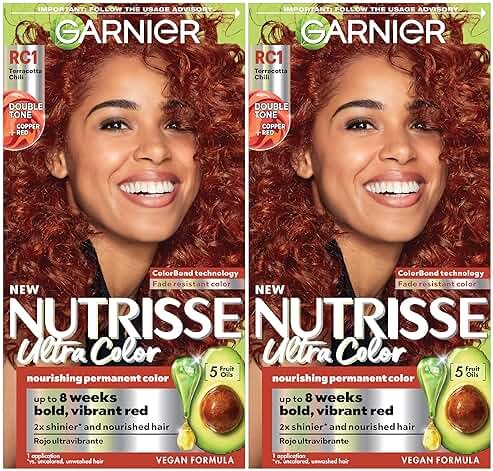 Garnier Nutrisse Ultra Color Hair Color, Permanent Hair Dye for Up to 8 Weeks of Bold, Vibrant, Fade-Resistant Results, Vegan & Cruelty-Free, RC1 Medium Intense Copper Red (Terracotta Chili), 2 Count - Product Image