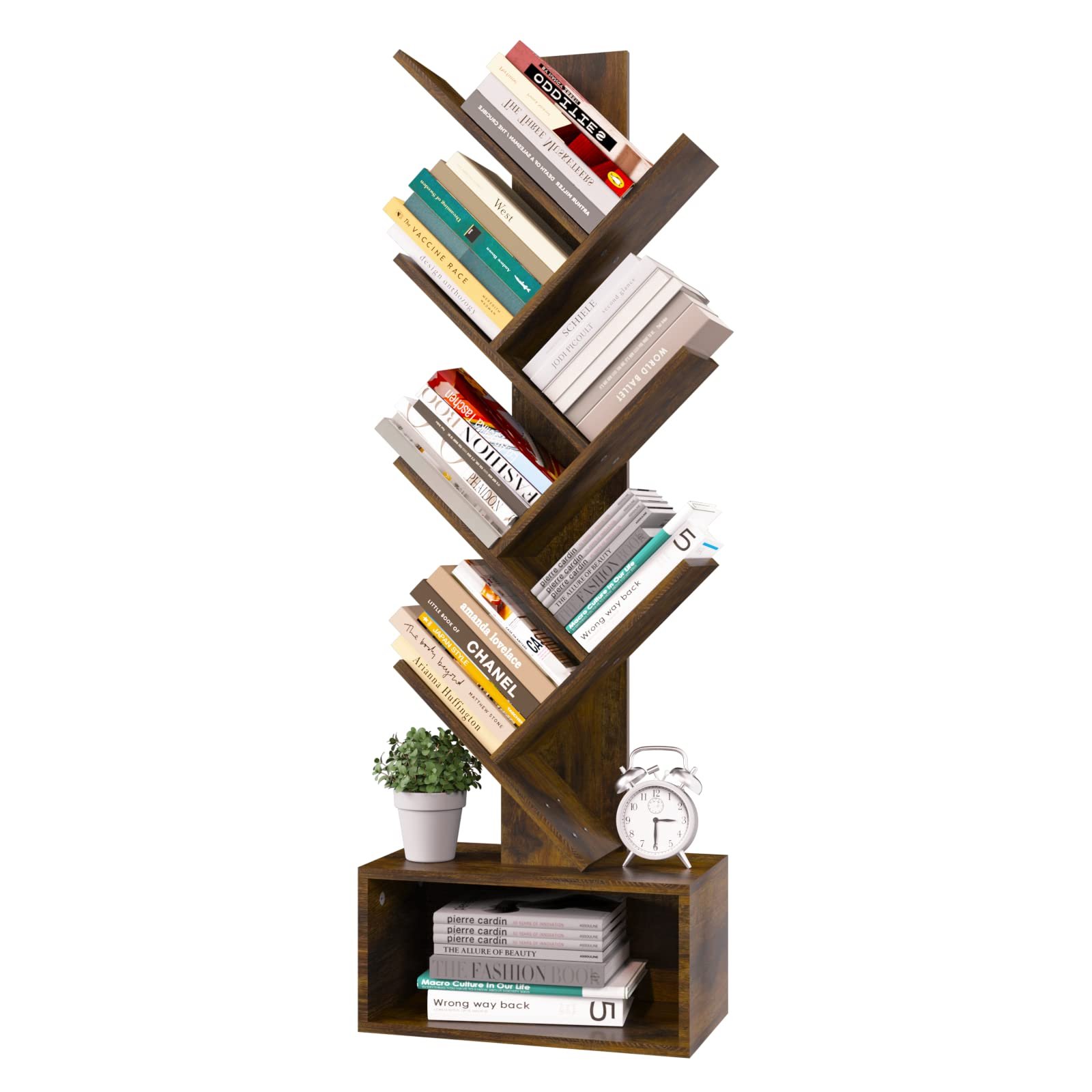 Yoobure Tree Bookshelf - 6 Shelf Retro Floor Standing Bookcase, Tall Wood Book Storage Rack for CDs/Movies/Books, Utility Book Organizer Shelves for Bedroom, Living Room, Home Office, Rustic Brown - Product Image