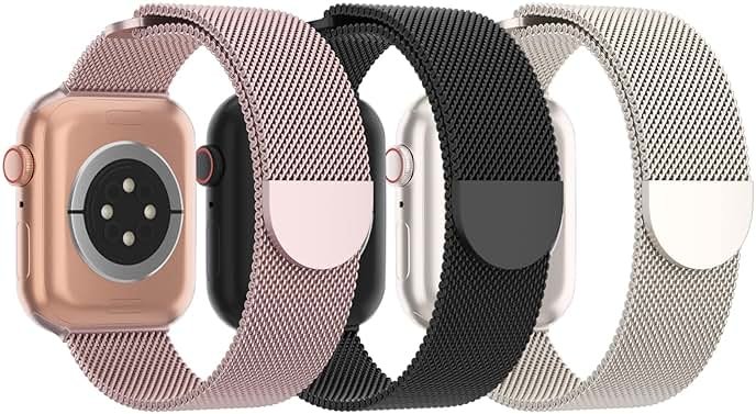 3 Pack Mesh Metal Band Compatible with Apple Watch Band 38mm 40mm 41mm 42mm 44mm 45mm 46mm 49mm, Stainless Steel Magnetic Loop Strap for iWatch Ultra 3 2 1 Series 11/10/9/8/SE/7/6/5/4/3 Men Women - Product Image