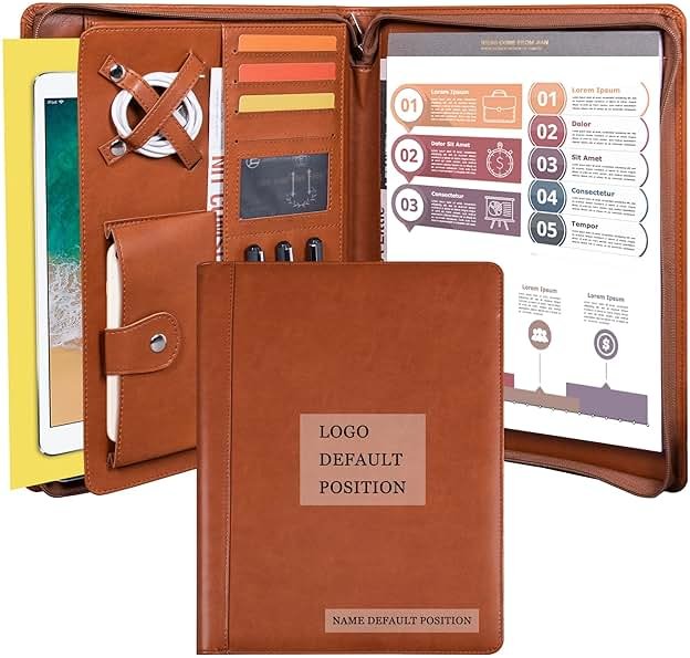 Free Engraved Name, Personalized Leather Portfolio, Professional PU Leather Padfolio for Men, Business Portfolio with A4 Writing Pad, Corporate/Personal Gift for Men&Women, Brown, Custom - Product Image