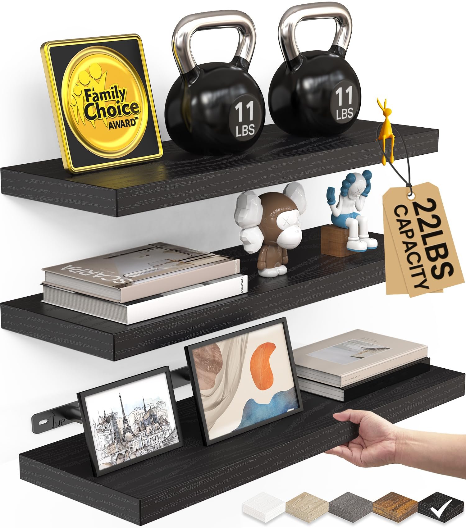 BAYKA Floating Shelves for Wall, Wall Mounted Rustic Wood Shelves for Bathroom, Bedroom, Living Room, Kitchen, Hanging Shelf for Books/Storage/Room Decor with 22lbs Capacity (Black, Set of 3, 15.7in) - Product Image